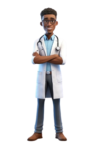 NourivaLink's African Daktari, a friendly doctor in a white coat with a stethoscope